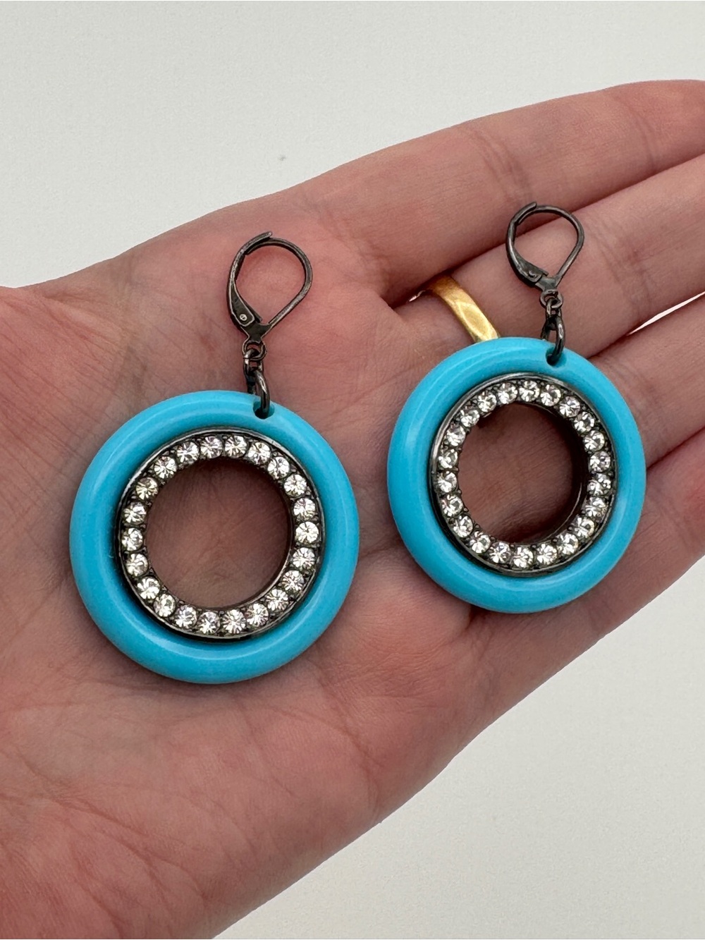 Vintage KJL Turquoise Hoop Earrings, Gunmetal Rhinestone Statement Jewelry